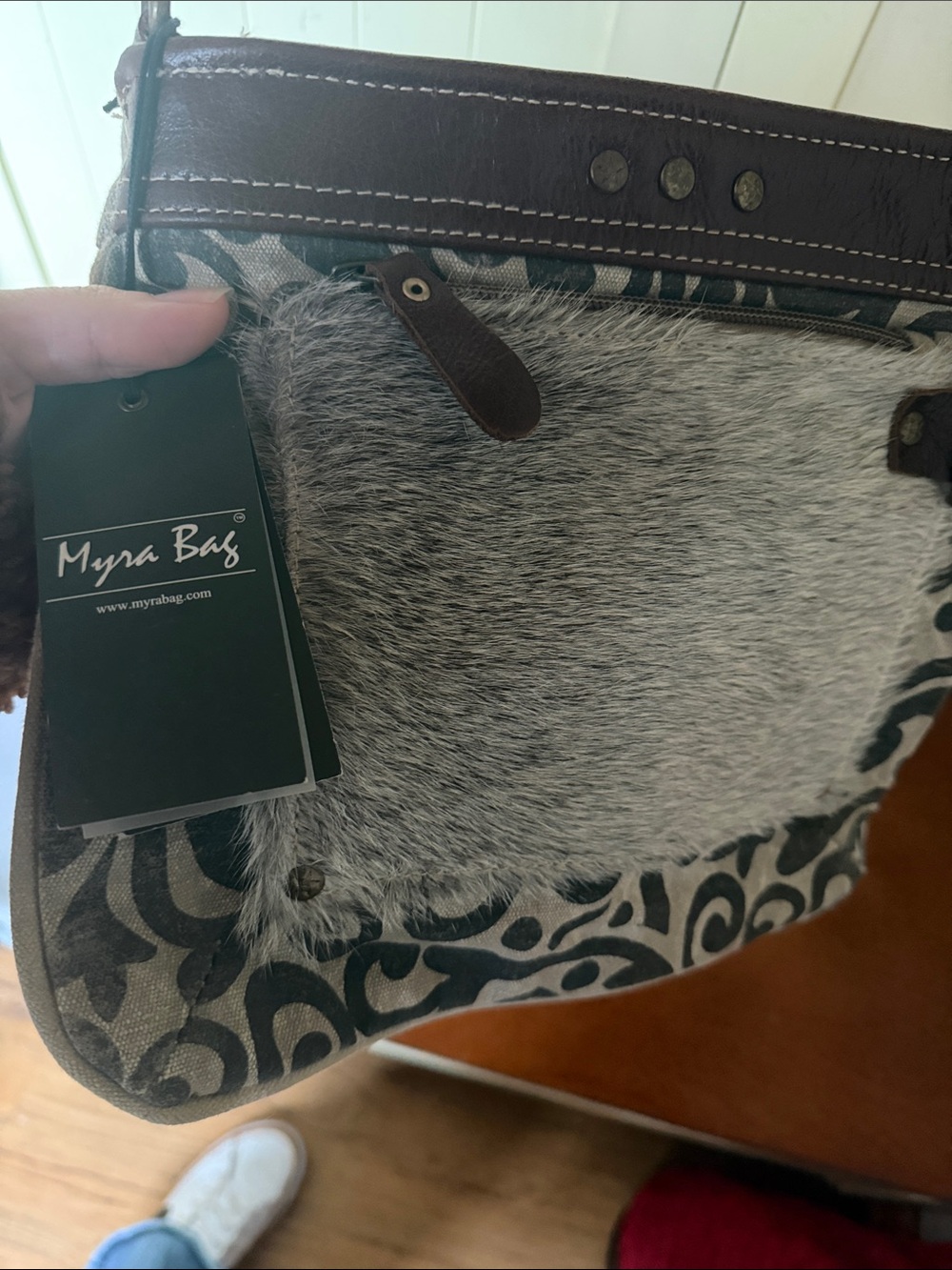 Myra Bag Gray Hair-on-Hide Crossbody with Brown Trim and Patterned Panel NWT - Picture 2 of 7